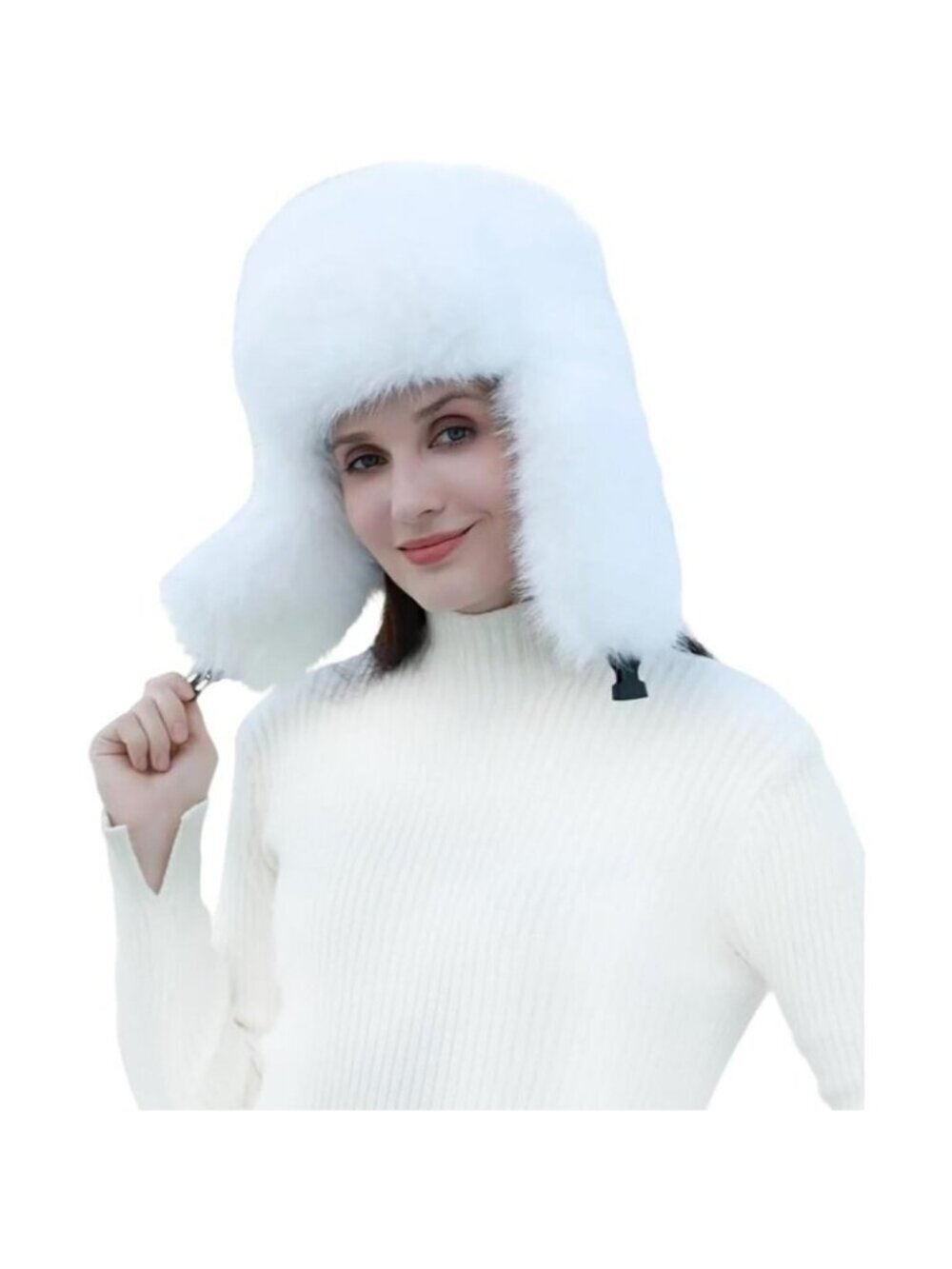 Women's White Faux Fur Ski Trooper Winter With Earflap Classic Snow Ushanka Cap